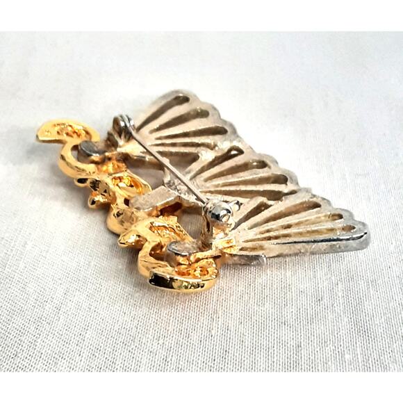 Threee Angles Brooch Open Work Gold And Silver Tones Hearts And AB Rhinestones - Picture 6 of 8